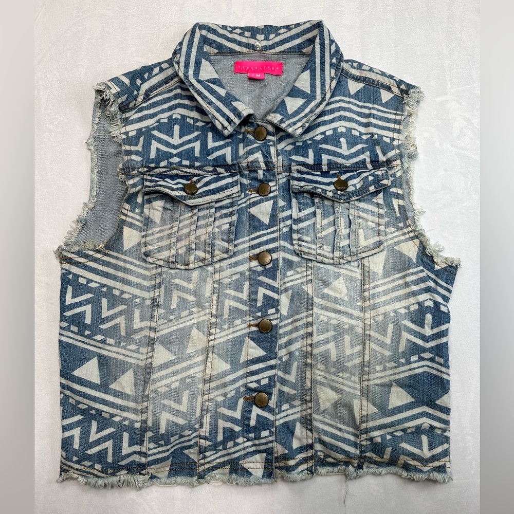 Tinseltown Tribal Aztec Print Collar Denim Vest‎ Women's Size M